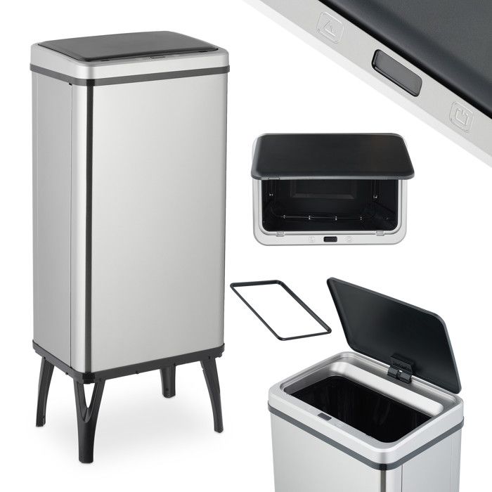 Relaxdays Poubelle automatique 50 litres Couvercle électrique Avec support pour sac Seau cuisine en Inox argenté