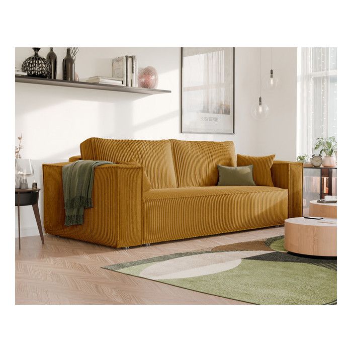 Canape Convertible BALI - 3 places - Coffre de rangement - Tissu Velours Cotelé - Moutarde