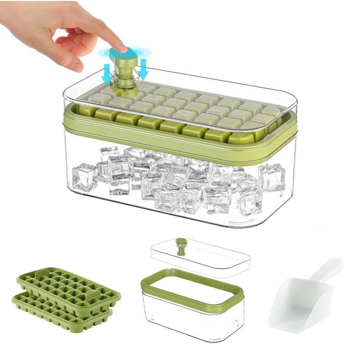 Bac à Glaçons En Silicone Avec Couvercle – 56 Cases Carrées, Pelle à Glace Incluse | Hermétique, Empilable, Facile à Démouler