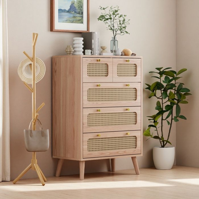 Commode 5 Tiroirs Meubles de Rangement Commode Rotin Tiroirs Meuble de Rangement avec Pieds en Bois 60x34x91cm