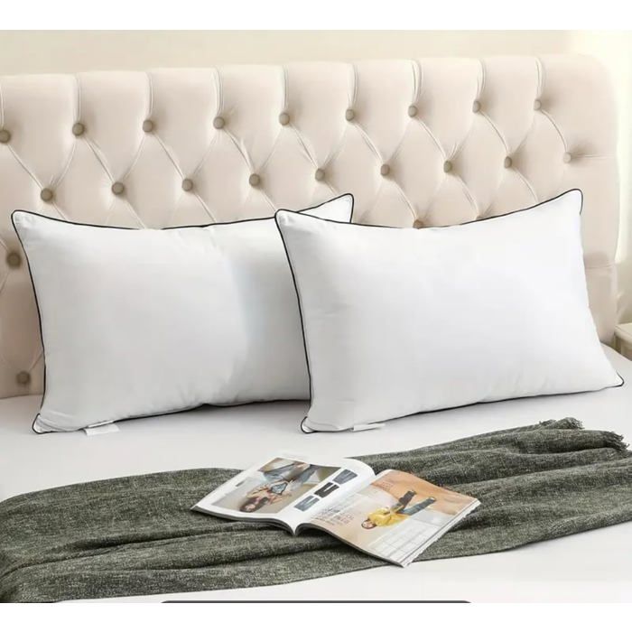 Oreiller Grand hôtel 50 x 70 cm Moelleux 100% Percale de Coton avec Passepoil Gris Anti acariens et moisissures