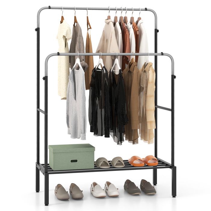 GIANTEX Porte Manteau - Portant à Vêtements à Double Barre - Hauteur Réglable - Étagères de Rangement à Chaussures - Cadre en Métal