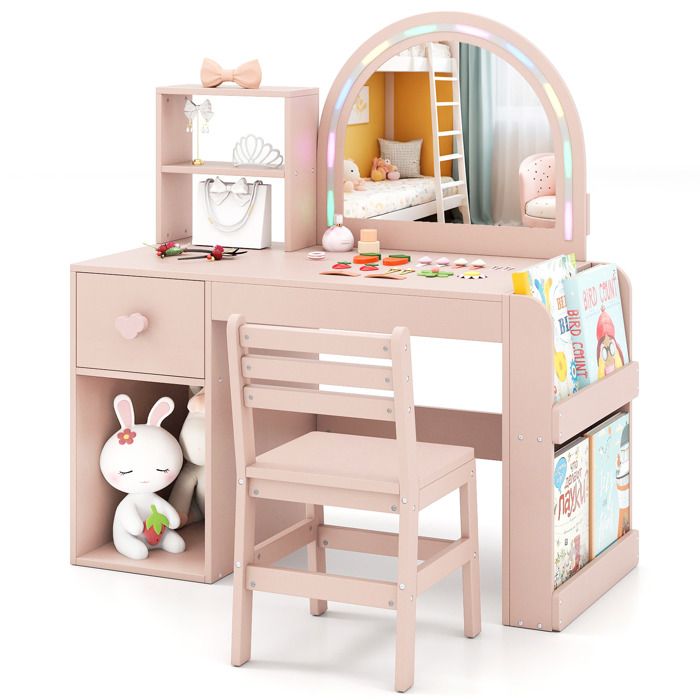 COSTWAY Coiffeuse avec Chaise pour Enfants avec Miroir Éclairé - Bibliothèque Ouverte Tiroir Compartiments et Étagères Rose