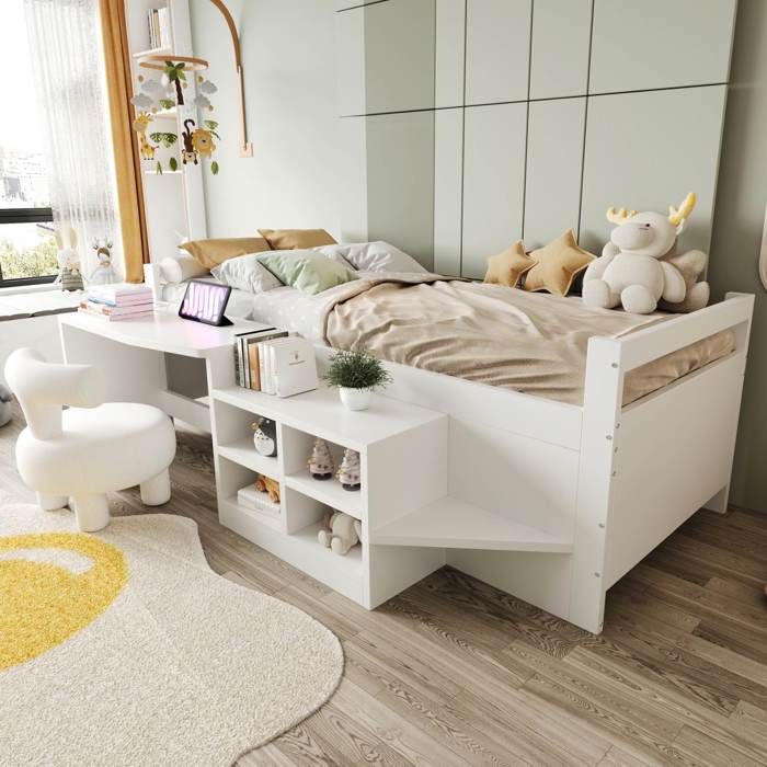 Lit enfant - 90×200 cm - Rangements intégrés - Bureau avec 2 USB + prise - Matelas inclus
