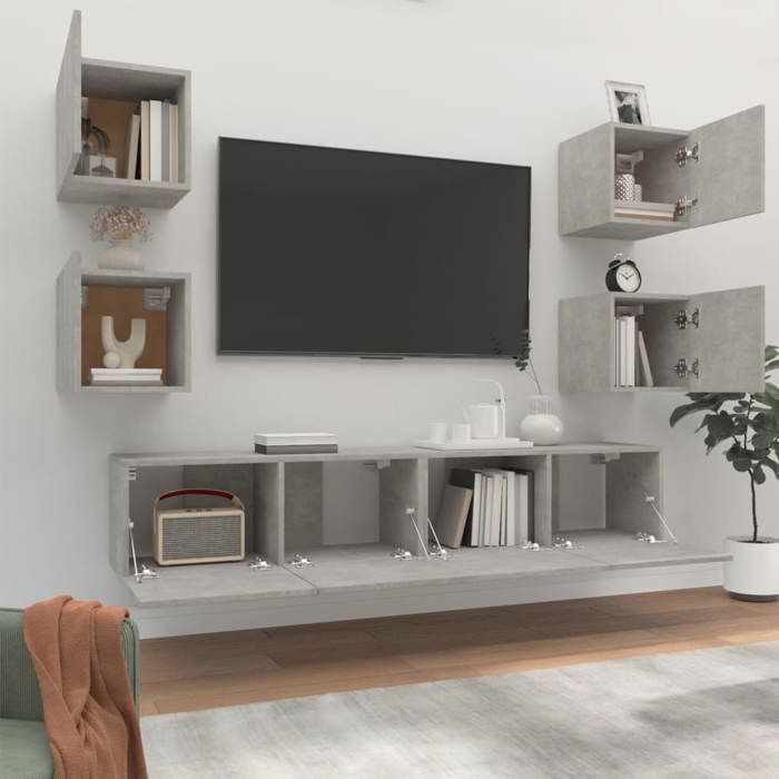 Ensemble de meubles TV - vidaXL - 6 pièces - Gris béton - Bois dingénierie - 80x30x30 cm - 305x30x30 cm - Design mural
