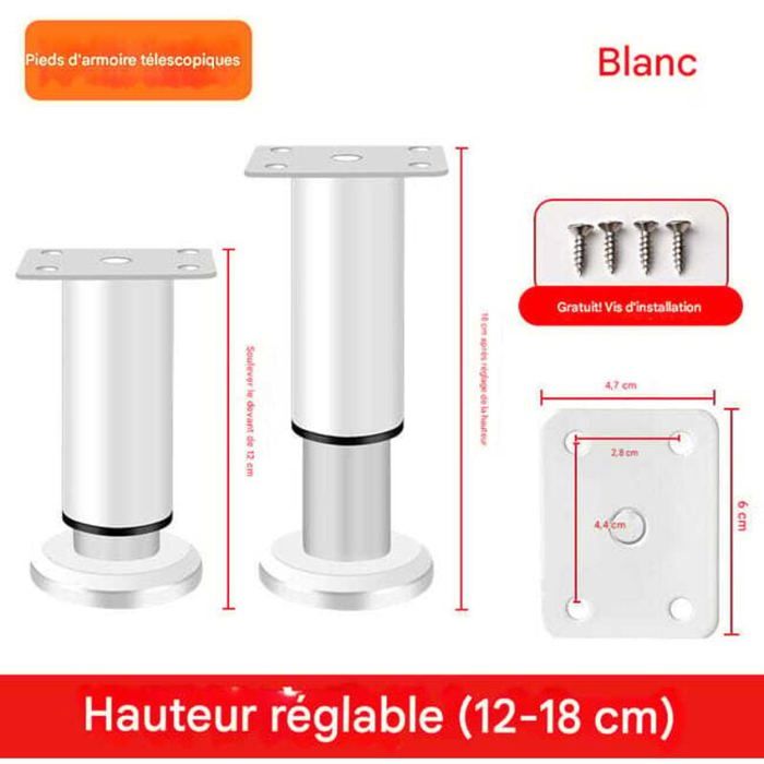 Pieds de meuble réglables - PZCC - Ensemble 4 pieds - Hauteur réglable 12–18 cm - Blanc - Acier robuste