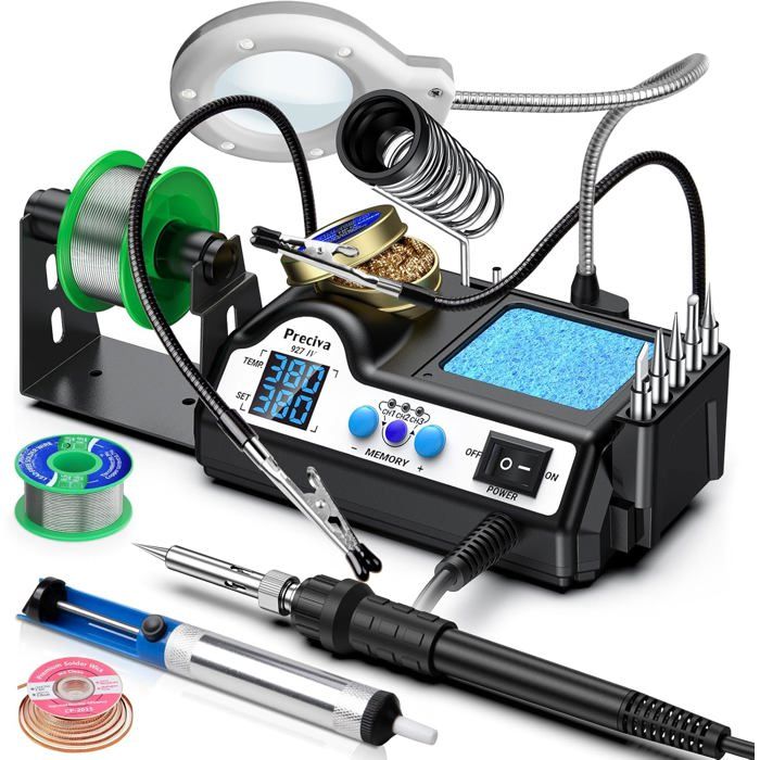 Station de Soudage Preciva 927IV 130W avec Loupes et Clips Auxiliaires Double LCD Ajustable