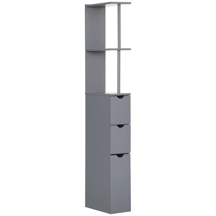 Colonne Salle De Bain - 2 Tiroirs, 2 &Eacute;tag&egrave;res, Porte - Mdf M&eacute;tal Gris