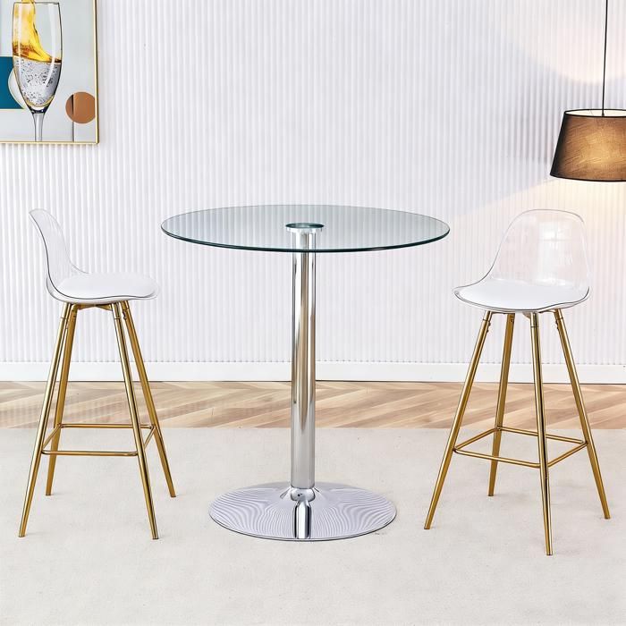 Ensemble de bar - Table ronde en verre 89 cm - 2 tabourets dorés - Design contemporain