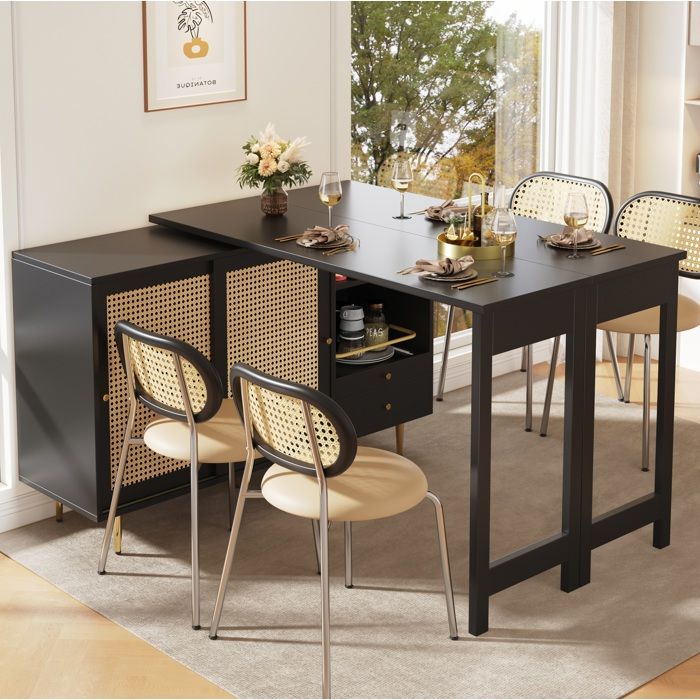 Buffet de cuisine extensible EVRYAE 107 x 40 x 714 cm table bar rotative 360° avec rangement noir MDF