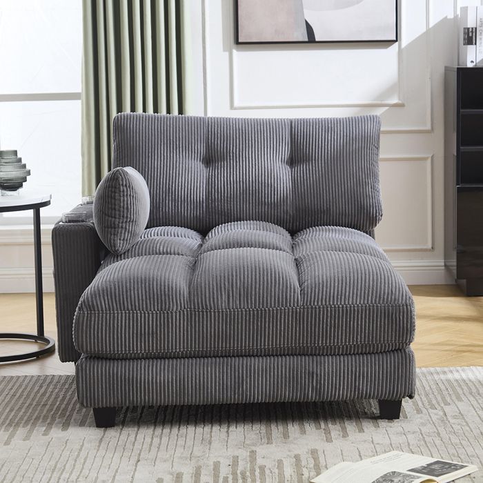 Fauteuil convertible - MINIMAL - Fauteuil lounge équipé - Velours côtelé gris - Repose-tête - Rangement/porte-gobelets