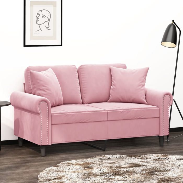 NEW 2026 Canapé moderne - Design ergonomique - pour salon - 2 places avec oreillers décoratifs rose 120 cm velours L2022