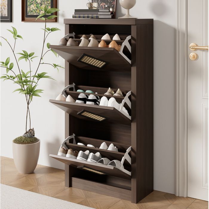 Meuble à chaussures Vintage à 3 abattants - ELVMI - décor rotin en losange en panneaux de particules bois foncé 54 × 25 × 115 cm
