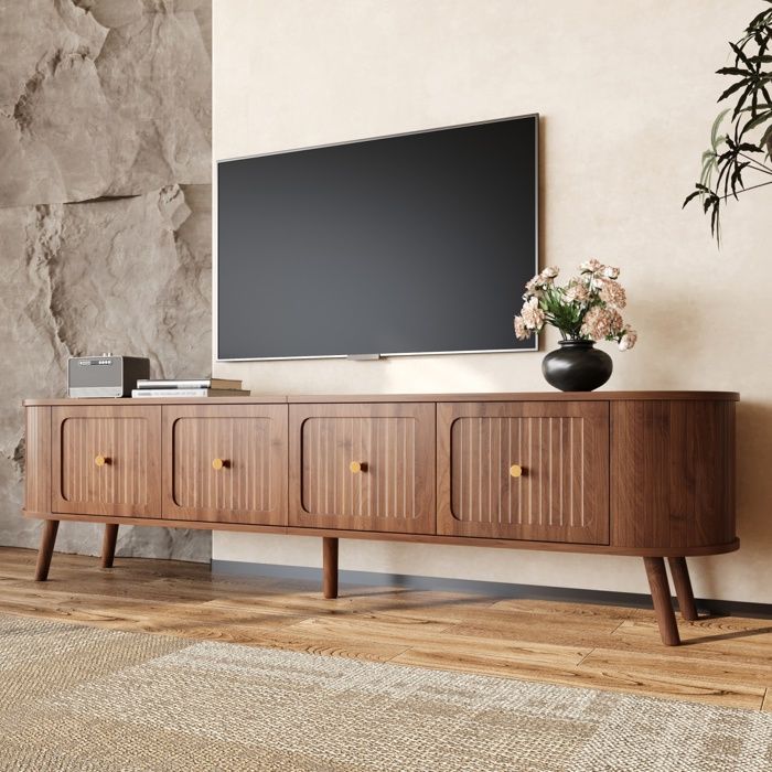Meuble TV 180cm Aspect Noyer - Banc TV Vintage avec 4 Portes Rabattables Rainurées Bords Arrondis et Poignées Dorées Salon