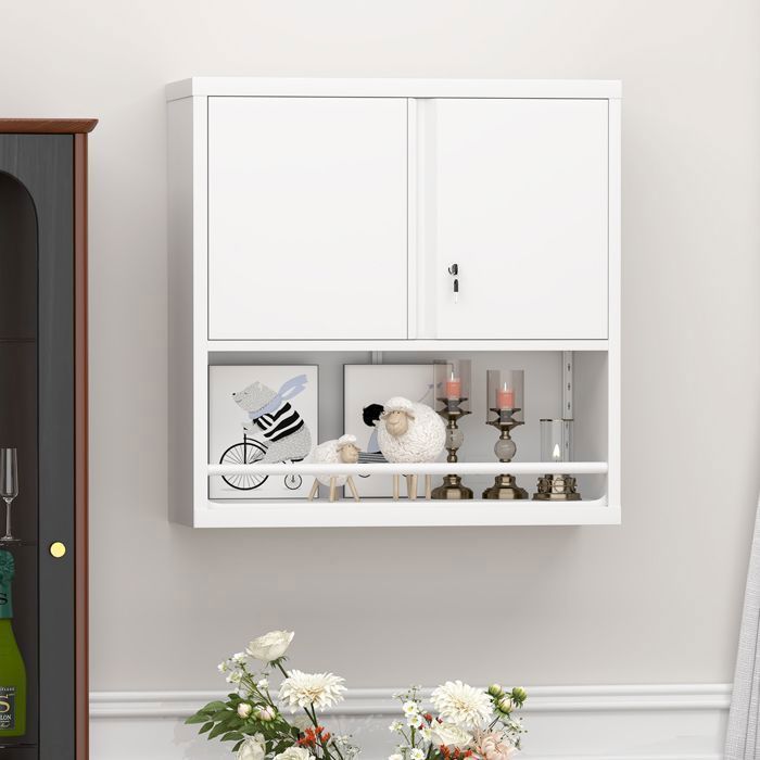 Armoire murale BELLEMAVE métallique blanche 2 portes étagères modulables rangement multifonction cuisine salon bureau
