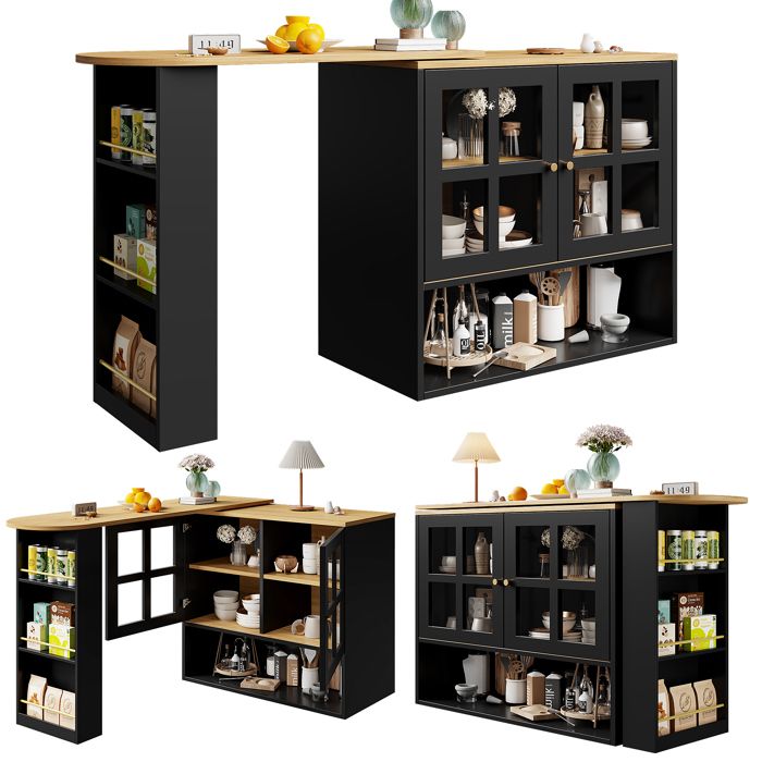Îlot de cuisine - Bar rotatif 360° - Extensible 138–204 cm - 5 espaces de rangement - Noir/Bois