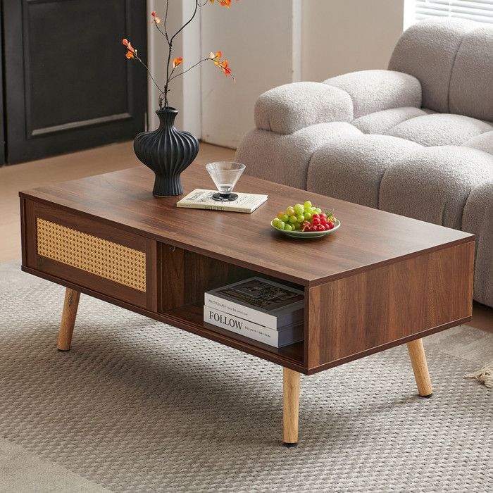 Table basse tressée en osier couleur avec portes coulissantes pieds en bois massif design moderne 105x55x40cm salon - noyer foncé