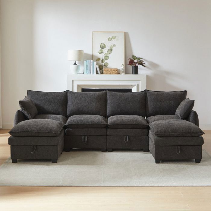 Canapé modulable chenille avec coussins appui-tête et accoudoirs canapé angle L modulable volonté avec espace de rangement gris