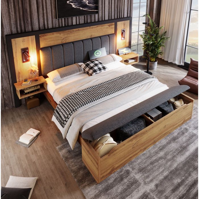 Lit Combiné Double 180×200 cm avec Liseuses USB Type-C Tablettes et Banc Coffre Sans Matelas - UVRION