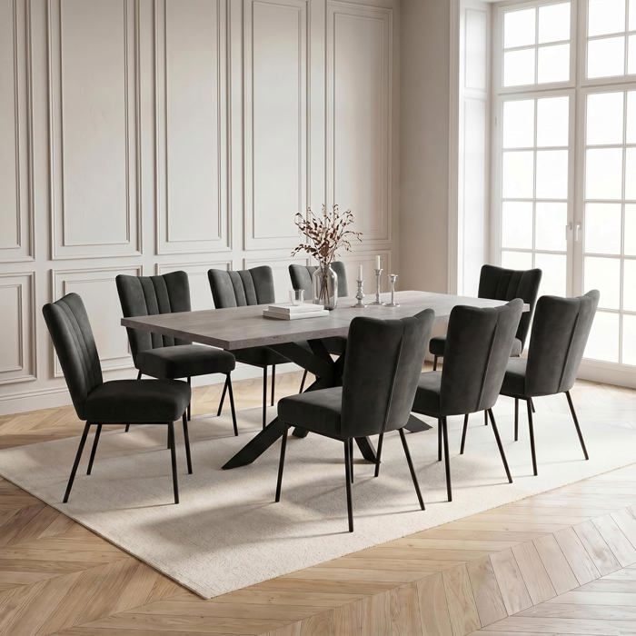 JIEXI Lot de 8 tables et chaises de salle à manger extensibles en MDF avec chaises rembourrées en flanelle noire 160 à 200 cm