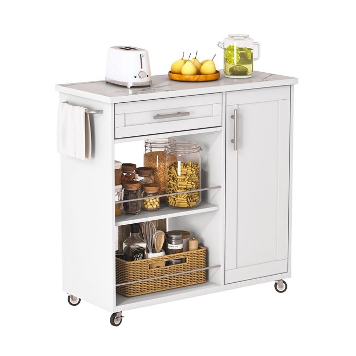 Chariot de Cuisine avec Plan de Travail Desserte Cuisine avec roulettes Tiroirs et étagères Ouvertes Îlot Central Cuisine Blanc