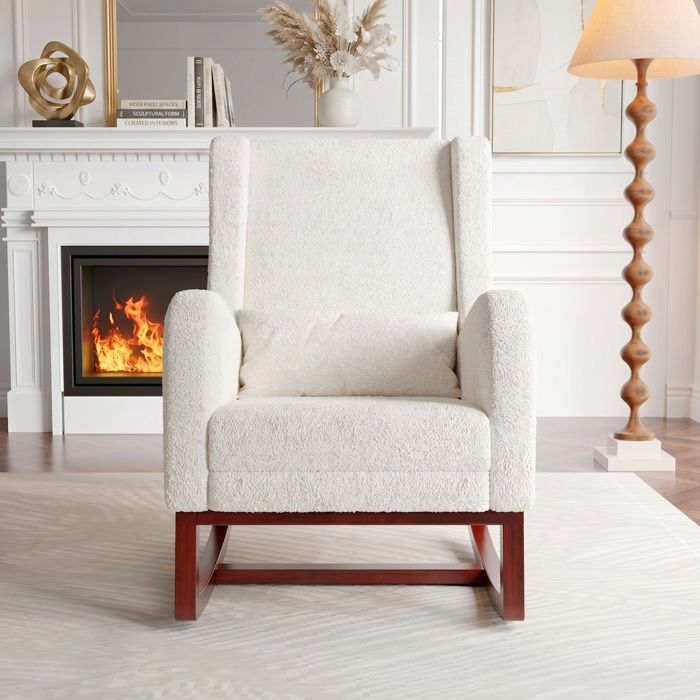 Chaise à Bascule Relax Fauteuil à Bascule rembourré en Tissu avec Dossier Haut avec Antidérapant Pieds et Repose-jambes Blanc