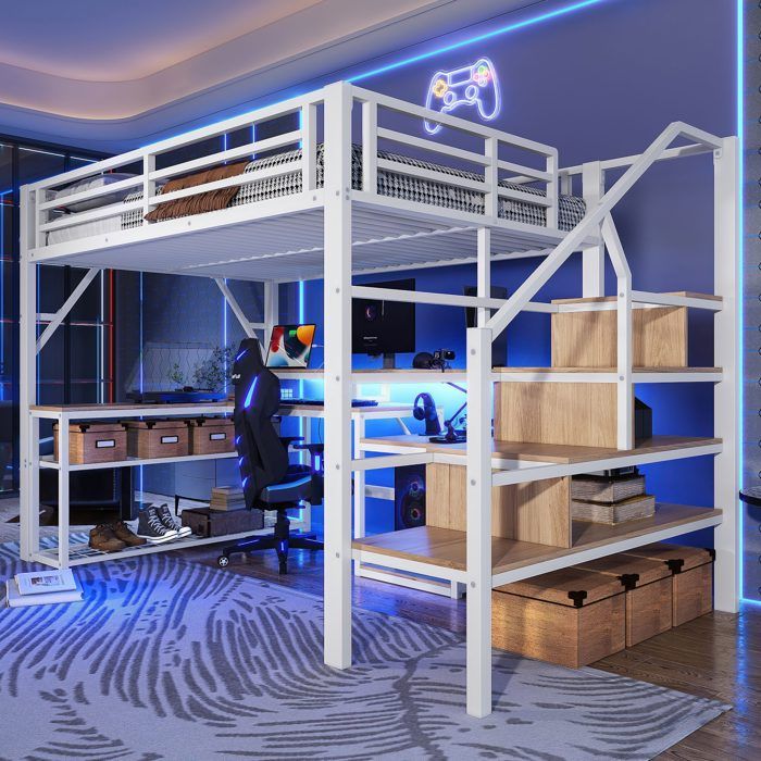 Lit mezzanine enfant 2 places 140×200 cm Lit double en métal avec bureau étagères escalier de rangement LED ports USB - blanc