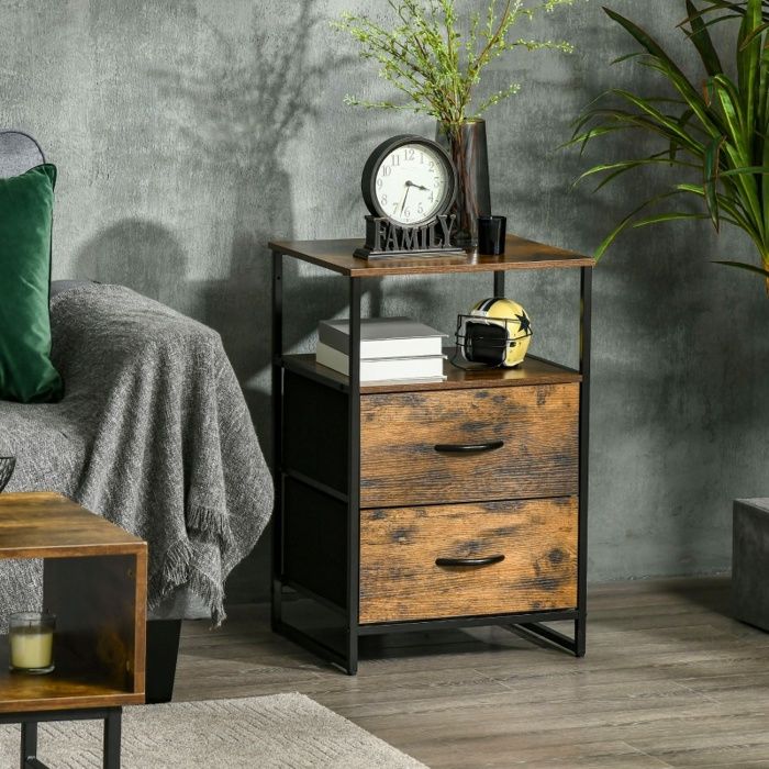 Bout de Canapé - 705x45x40cm - Meuble de Rangement Style Industriel avec 2 Tiroirs en Tissu et Niche Ouverte - Marron