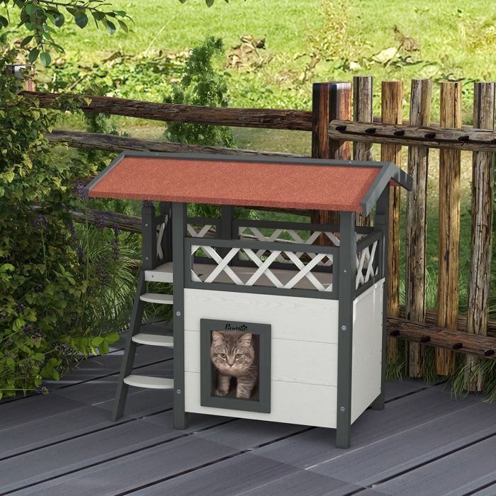 Maison pour chats 2 niveaux 77 x 50 x 73 cm blanc abri extérieur avec toit bitumé escalier et balcon