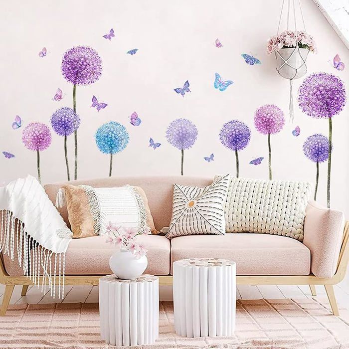 Stickers muraux FLEURS de PISSENLIT violets (110x62 cm) I Autocollant mural de fleurs Fleurs de Pissenlit Violets STICKERS