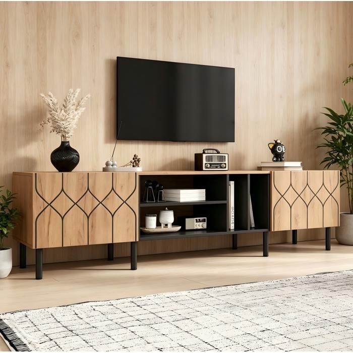 WOVREO Meuble TV 180 cm 2 portes push-to-open 4 niches ouvertes bois naturel et noir