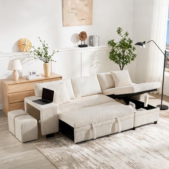 Canapé-lit dangle convertible avec rangement ports USB/Type-C en velours côtelé beige 3 places