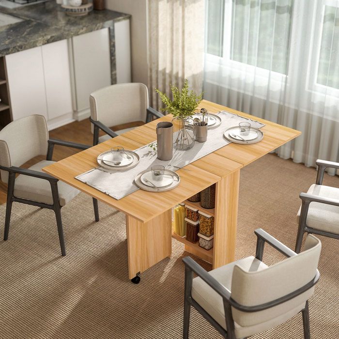 Table de Manger Pliable en Bois avec Plateau 140x80 cm et Rangement Multifonction