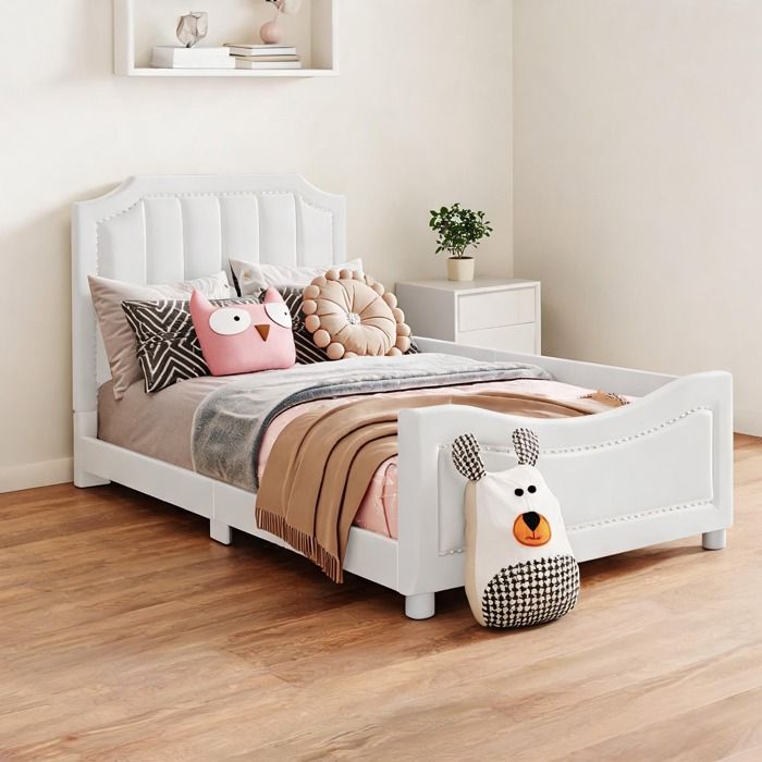 Canapé-lit enfant 90x200 cm en flanelle warm beige cadre bois massif convertible