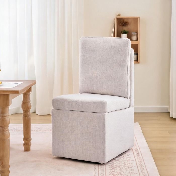 Chaise de bureau pivotante 360° avec rangement dissimulé revêtement chenille beige et structure bois massif charge 110 kg