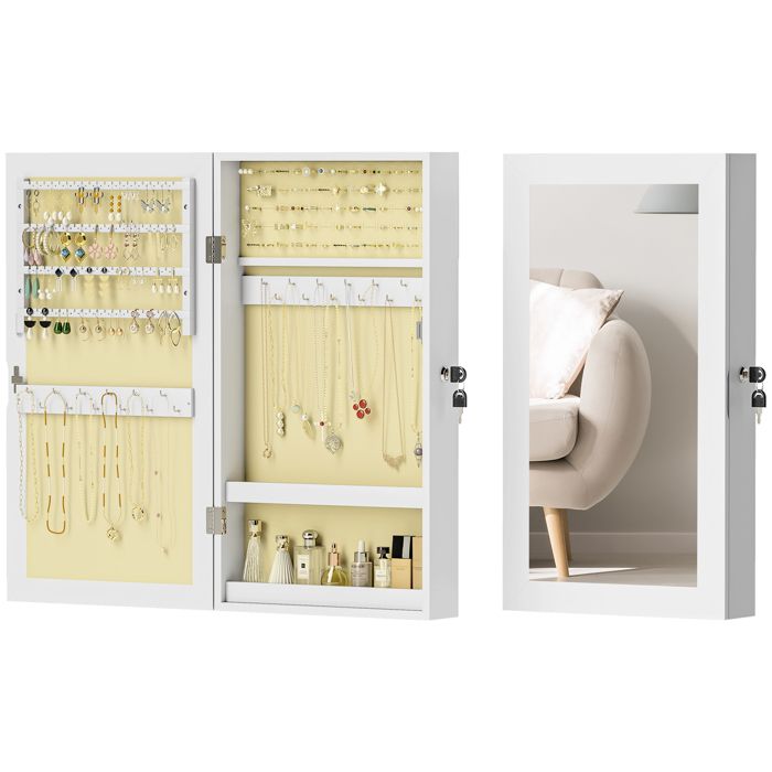 LIA Meuble à bijoux avec miroir design mural et 2 clés de sécurité en bois 365 x 95 x 67 cm blanc