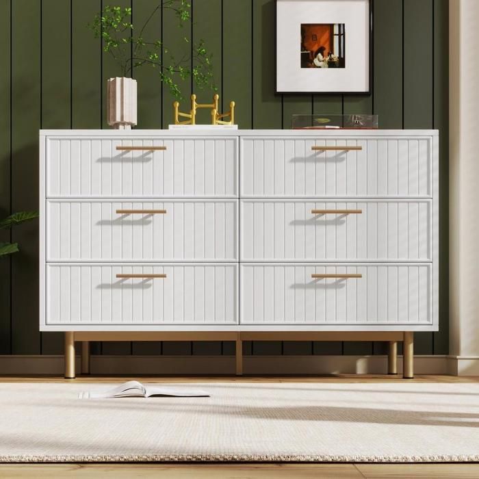 Commode 6 tiroirs - KOMHTOM - 120x40x75 cm - Blanc - Poignées dorées - Pieds métal design contemporain Commode 6 tiroirs - KOMHTOM - 120x40x75 cm - Blanc - Poignées dorées - Pieds métal design contemporain