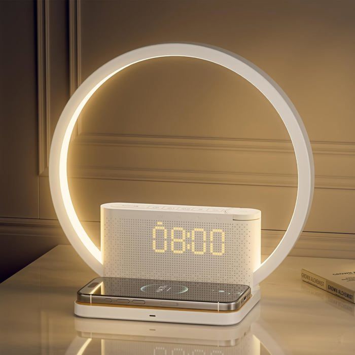 Lampe de chevet tactile - réveil avec simulateur daube charge Qi 10 W 10 sons apaisants et 3 niveaux de luminosité