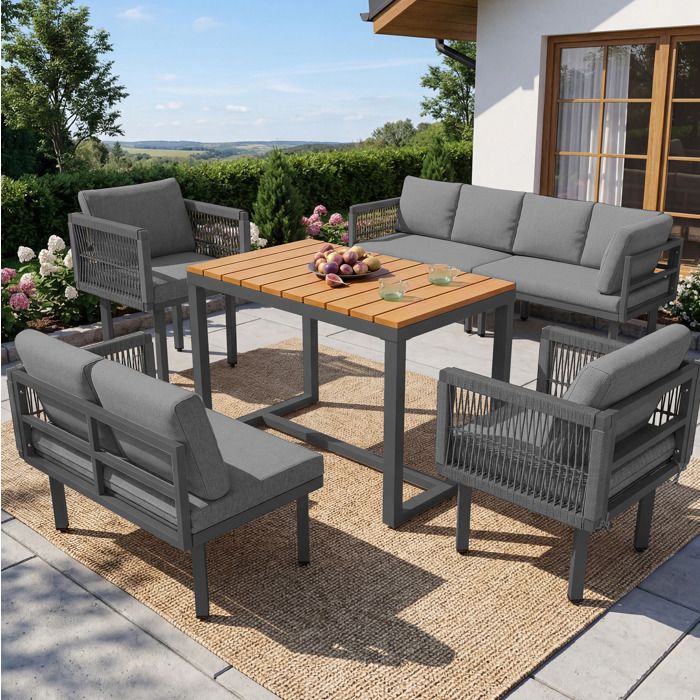 Salon de jardin 6 pièces avec canapé dangle 2 fauteuils et table basse - MODENVIE - corde tressée acier gris