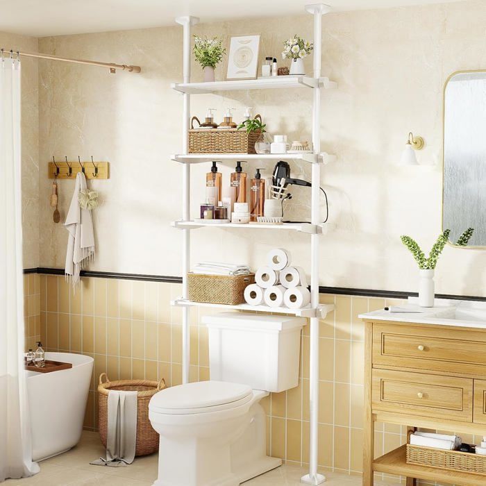 Étagère murale salle de bain 4 étagères compacte au-dessus des toilettes hauteur/largeur ajustables idéale pour machine à laver