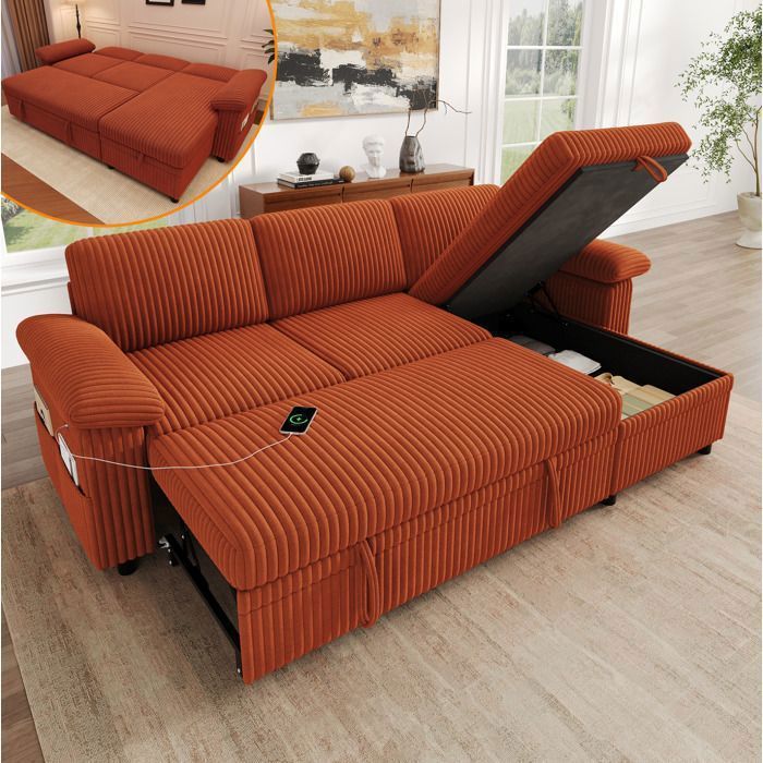 Canapé d’angle convertible 3 places en velours côtelé orange avec rangement USB Type-C