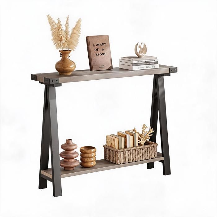 JOLLYTOP Table console étroite 2 niveaux style ferme – Étagère de rangement ouverte – Structure métal et MDF – Gris
