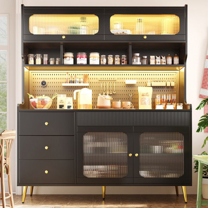 Buffet de cuisine armoire haute moderne 145×39×171cm avec LED contrôlé par app panneau perforé tiroir tablettes en verre noir