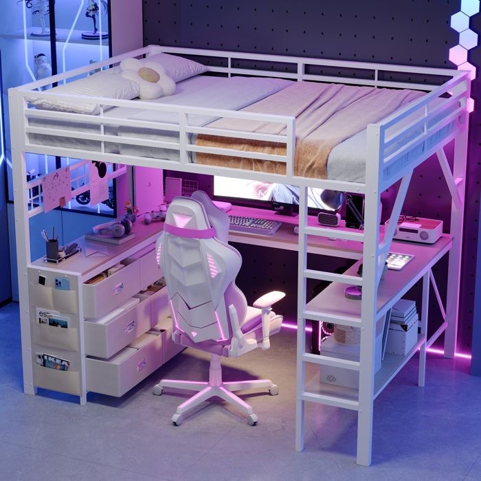 Lit mezzanine enfant gaming 2 places 140x200 cm Lit adulte Lit double en métal avec LED bureau 6 tiroirs étagère blanc