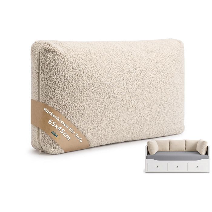 Coussin dossier canapé déhoussable 65 x 45 cm avec garnissage – rectangulaire ferme lavable – Crème Bouclé