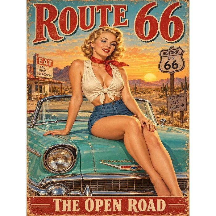 Plaque métal décorative - Plaque Métal Route 66 – Pin-up Américaine The Open Road - 20x30 cm