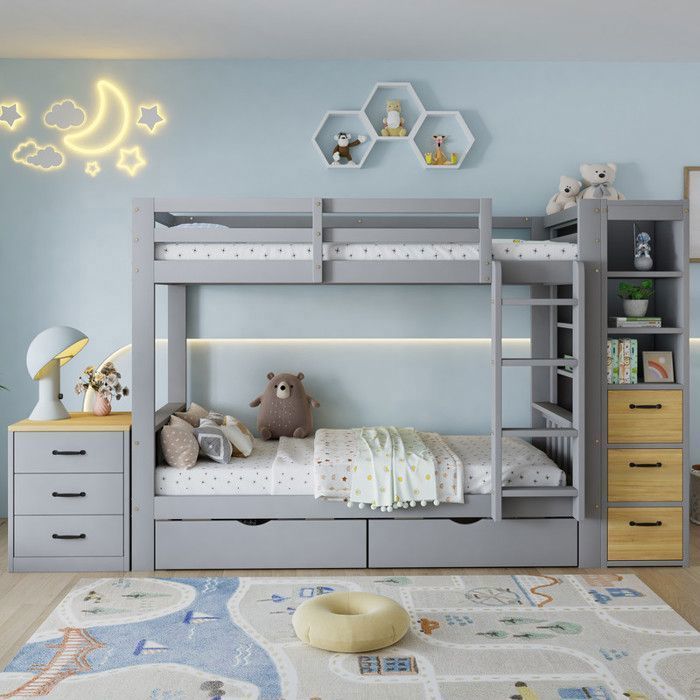 Lit superposé lit enfant 90×200 cm 2 tiroirs de rangement sous le lit étagère latérale tiroirs échelle chevet déplaçable gris