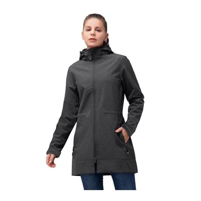 Femme Veste Softshell Imperméable Longue Légère Jacket À Capuche Veste de pluie softshell Blouson Coupe - Gris foncé - Taille XL