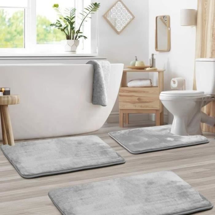 Lot 3 Tapis De Bain Mémoire De Forme - Antidérapants, Absorbants, Lavables, Gris Foncé - 80x50, 60x40, 50x60 Cm - 8