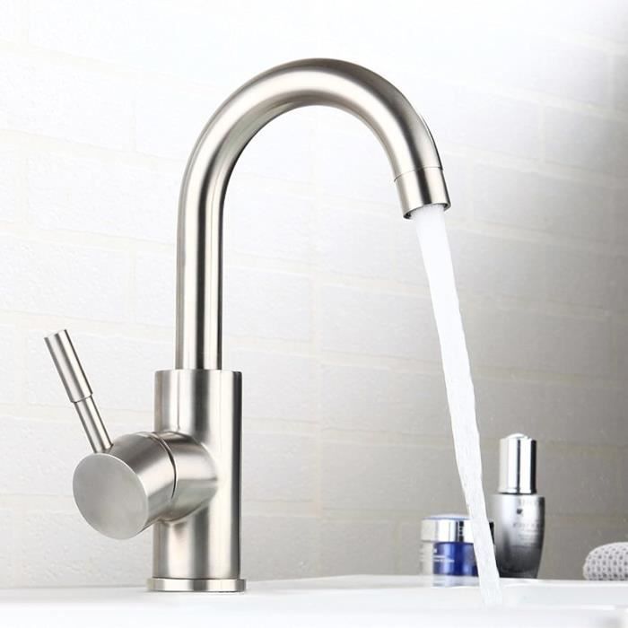 Robinet Lavabo Eau Froide Acier Inoxydable - Mitigeur Simple, Tuyau 80cm - Pour Salle De Bain, WC Invité
